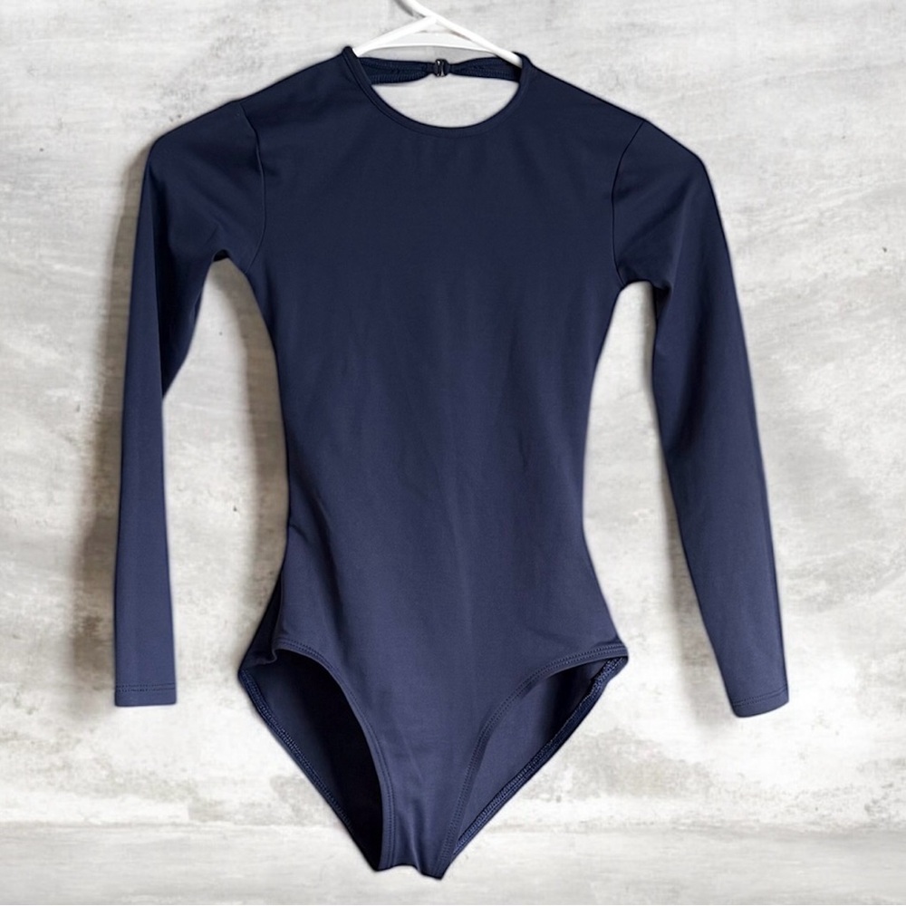 Baltogs Women Petite Bodysuit Blue Twists Back Crew Neck Compression Long Sleeve